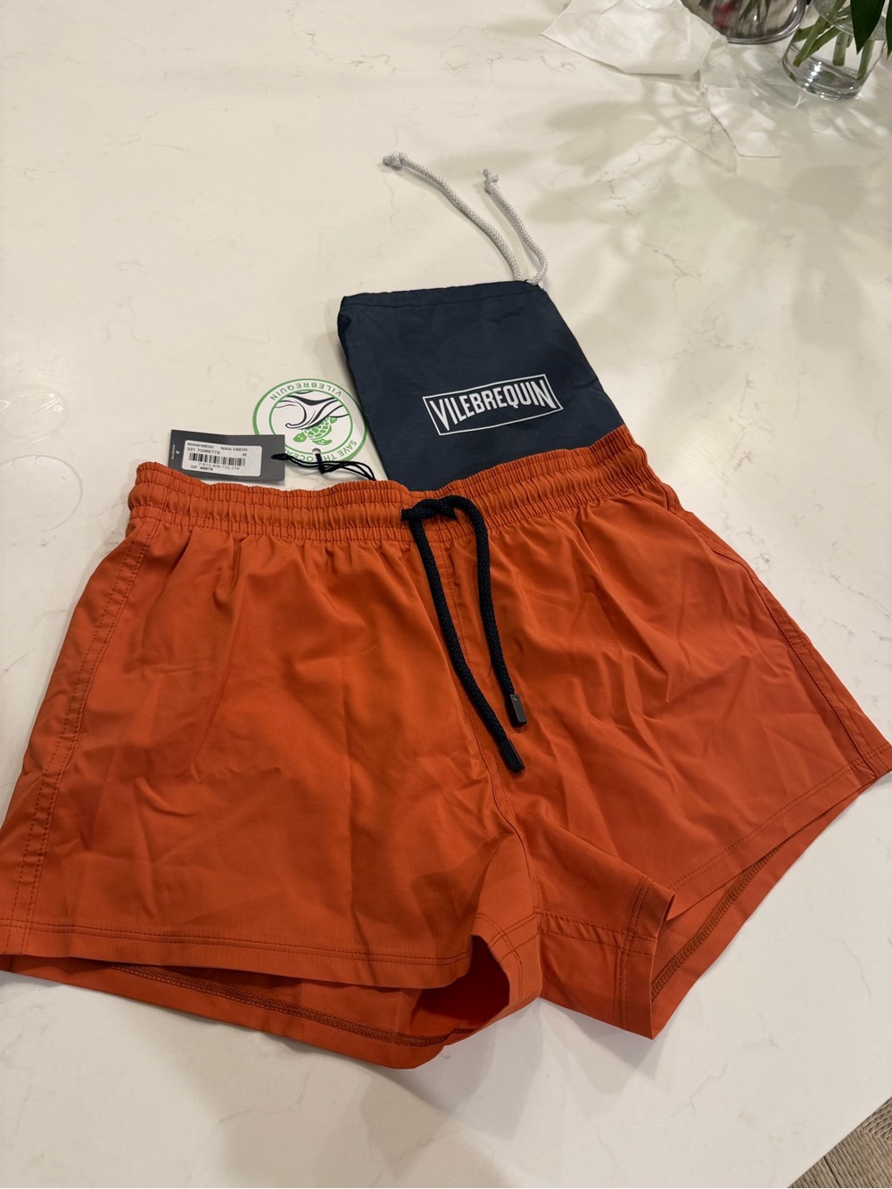 Vilebrequin Orange Tomette Men's Swim Shorts with Navy Drawstring Bag